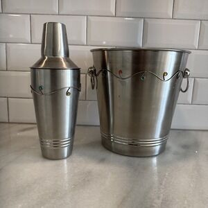Pier 1 Stainless Steel Ice Bucket,‎ Side Handles with shaker Christmas lights